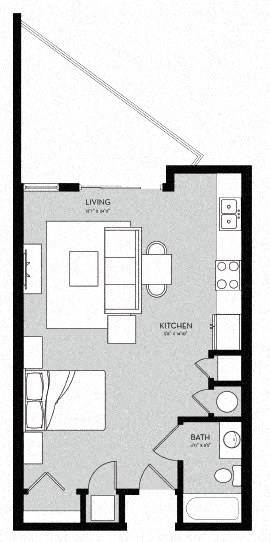 Floor plan for studio, 1 bath, 592 sqft